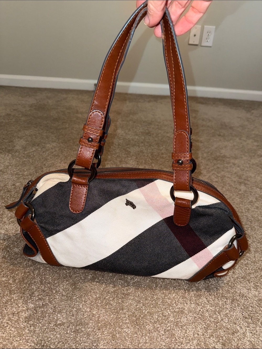 Burberry Mega Check Canvas Brown, Cream & Black Striped Shoulder Bag